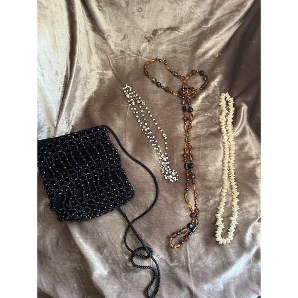 Black Beaded Drawstring Evening Bag Prom Formal 20s Flapper Accessory Purse READ - Picture 7 of 16